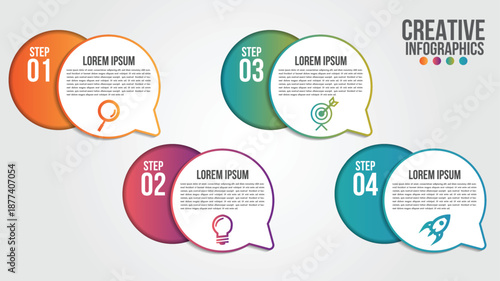 Infographics Design: A visually appealing infographic presents a four-step process, utilizing colorful speech bubbles and icons to convey information with clarity.