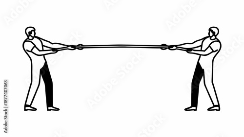 Two men engaging in a tug of war with a rope from opposite sides in a static illustration
