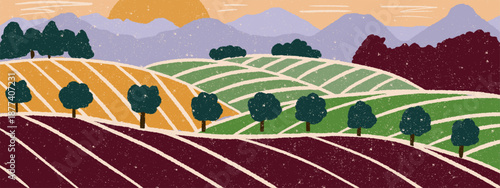 Abstract vineyard pattern. Striped fields, green hills and mountains with rustic grain texture. Eco countryside landscape.