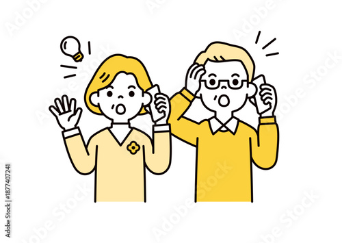 スマートフォンで話して気づく・思い出す、おじいさん・おばあさんのベクターイラスト素材セット