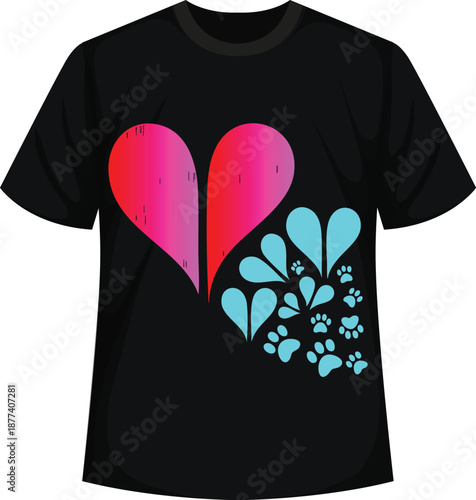 Heart and Paw Print T-Shirt Design, Contrast Color Heart and Paw Print Design on a Black Shirt, shirt, t-shirt, tshirt, vector, illustration.
