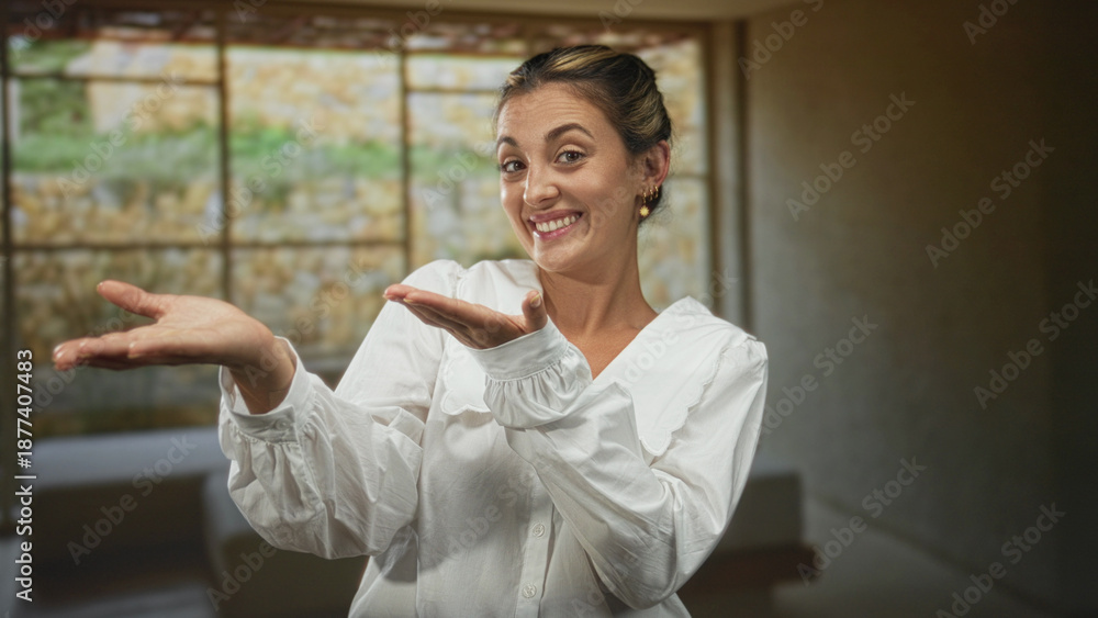 Fototapeta premium Woman showing open palms and smiling in studio, white blouse with visible hands and expressive face; friendly surprise.