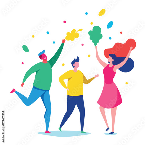 Three friends celebrating with confetti