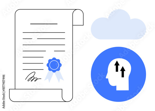 Certification concept. Certification ed by a document with a seal, a cloud, and an innovation symbol. Certification for online learning, data verification, and cloud-based competence. Suitable