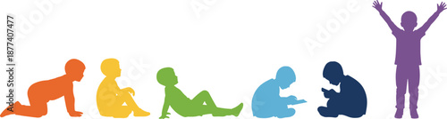 Child growth stages illustration, baby to toddler development silhouette, colorful kids evolution concept, early childhood learning, physical development milestones, isolated on white background
