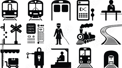 A set of monochrome train illustrations and symbols representing train transportation. This set includes icons like the train, ticket, tracks, and railway station