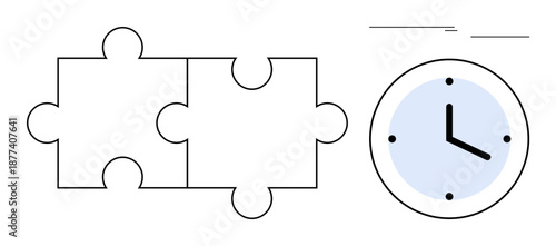 Two interlocking puzzle pieces beside an analog clock with a blue face. Ideal for teamwork, time management, problem solving, efficiency, planning, strategy, productivity. Simple flat metaphor