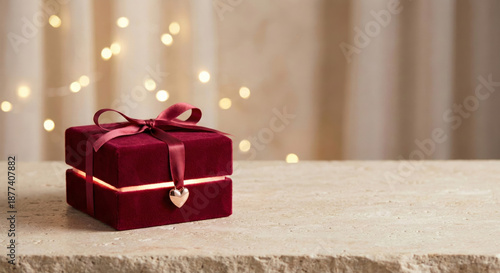 Elegant red gift box with ribbon and soft glowing light