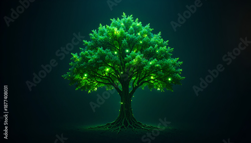 Lush Green Tree Isolated on Dark Background Nature Concept