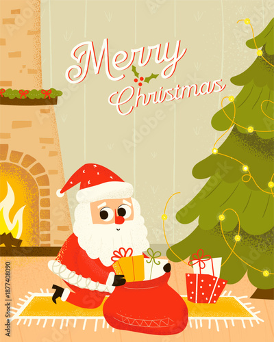 Festive Christmas greeting card illustration featuring a cozy winter interior with fireplace, decorated tree, gift boxes, and a cheerful holiday character. Warm seasonal colors, hand drawn style, and 