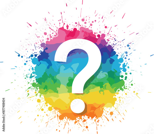 Colorful abstract question mark symbol, vibrant rainbow paint splash background, creative curiosity concept, modern design illustration, problem solving idea, education inspiration, 
