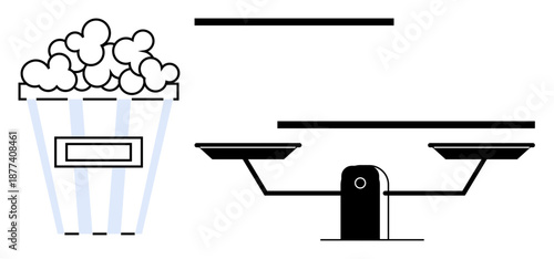 Decision-making, consumer behavior, balance, priorities, lifestyle, dietary choices. A bucket of popcorn and a scale. Decision-making and consumer behavior concept