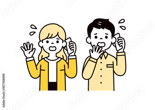 焦った様子でスマートフォンで会話する、若いビジネスパーソンのベクターイラスト素材セット