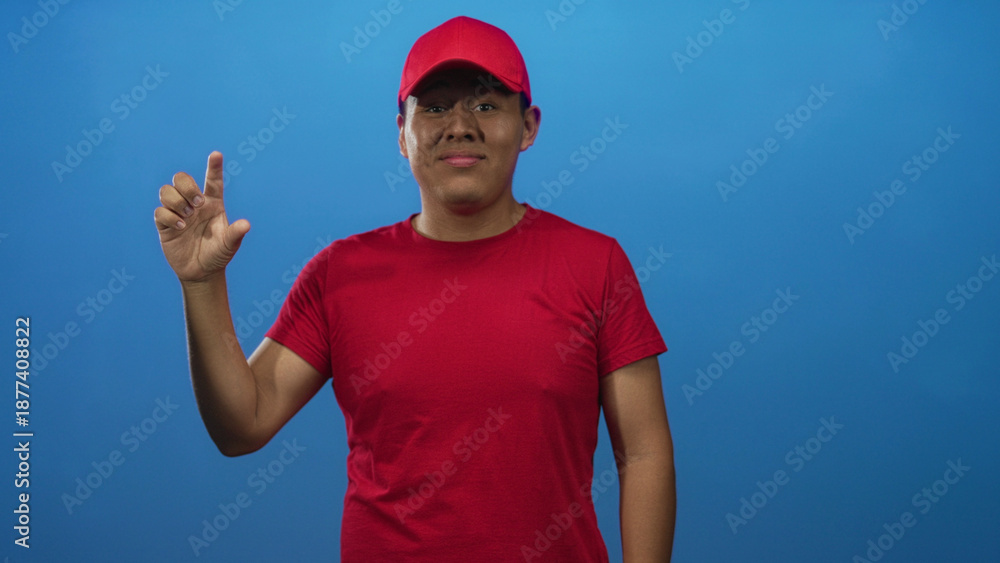 Naklejka premium Man in red cap pinching fingers with raised hand and squinting face in studio; playful expression gesture.