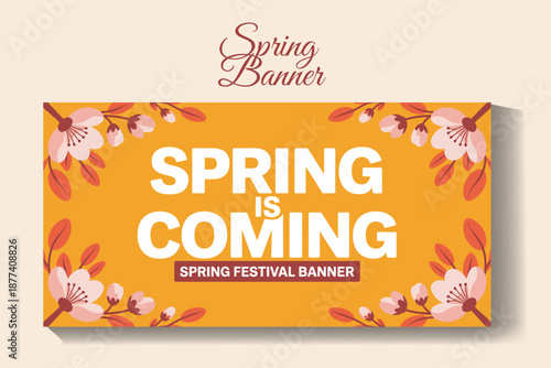 A vibrant orange banner adorned with elegant cherry blossoms announcing the joyful arrival of spring and a festive season