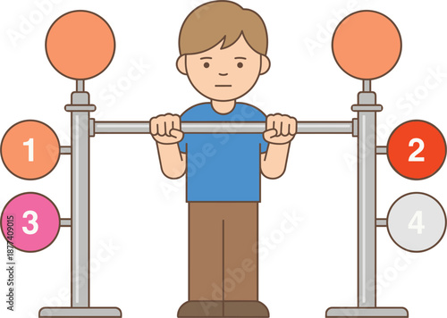 Cartoon boy doing pull up exercise on parallel bars with numbered steps fitness training concept illustration for education gym workout routine infographic design isolated