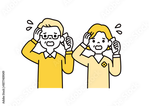 スマートフォンで話しながら焦る・慌てるシニア世代の男性と女性のベクターイラスト素材セット