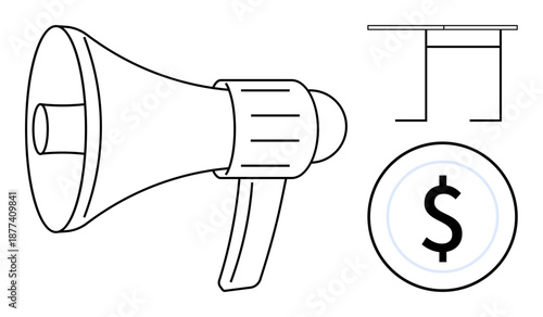 Business communication, advertising, financial planning, marketing strategy, monetization concepts, cost management. A megaphone, dollar sign and table outline in minimal design. Business