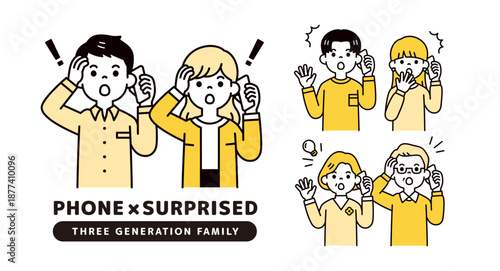 スマートフォンで会話しながら、ビックリする男女・夫婦・カップルのベクターイラスト素材セット