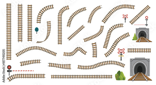 Comprehensive railway track kit includes various sections, tunnels, crossing signs, and a moving gate for custom layouts.