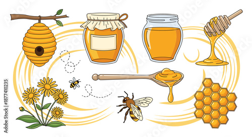Sweet honey theme collection features a beehive, glass jars, honeycombs, busy bees, and blooming flowers on a stylized background.