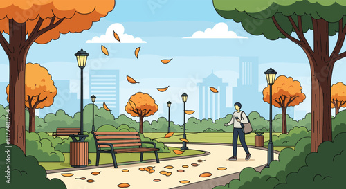 Peaceful autumn park scene shows a man walking through falling orange leaves among trees, benches, and city lampposts.