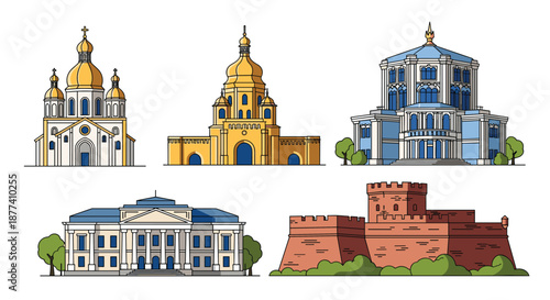 Architectural set of historic buildings includes various churches, a grand palace, and a strong stone fortress in full color.