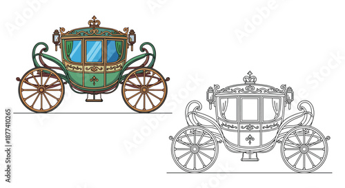 Elegant royal carriage illustrations include a detailed colored version and a clean black and white line drawing.