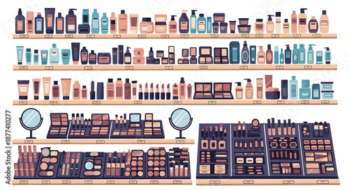 Extensive cosmetics and beauty products display features rows of skincare bottles, makeup palettes, and lipsticks on store shelves.