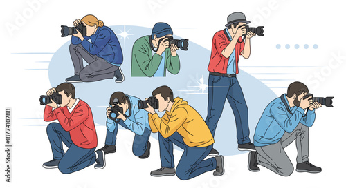 Group of professional photographers are shown in different poses capturing shots with high-end digital cameras.