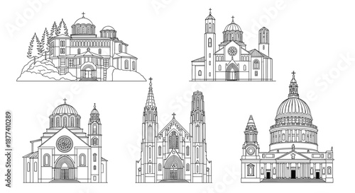 Collection of architectural line drawings featuring historical european cathedrals and churches with detailed facades on white background.