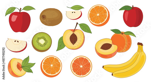 Fresh fruit collection features whole and sliced apples, kiwis, oranges, peaches, and bananas in a bright colorful style.