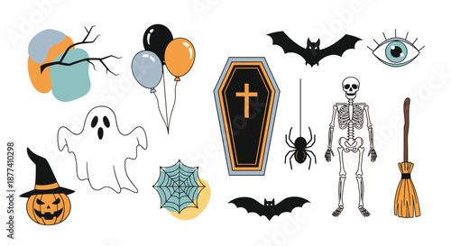 Set of spooky halloween icons including a ghost, carved pumpkin, coffin, skeleton, bats, and spiders for festive autumn decorations.