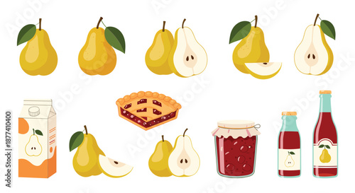 Detailed pear fruit collection features whole and sliced pears alongside products like juice, jam, and a delicious fruit pie.