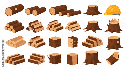 Collection of wood industry items featuring stacked logs, timber planks, various tree stumps, and a yellow safety hard hat.