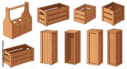 Comprehensive set of wooden crate and box illustrations shows various sizes and designs including a convenient bottle carrier.