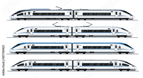Modern high speed train designs are shown in profile view highlighting sleek aerodynamic shapes and futuristic transportation.