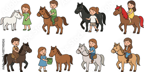 Cute children riding horses cartoon illustration set, kids horseback activities, pony care scenes, playful characters, colorful flat design, isolated on white background, vector, collection
