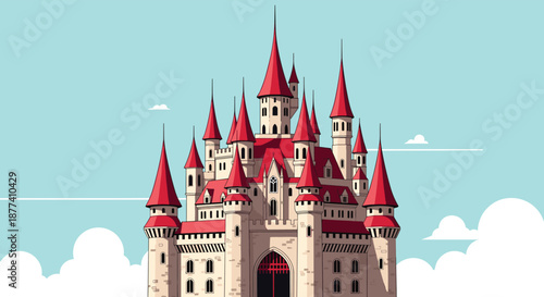 Magnificent fairytale castle stands tall with many towers and pointed red roofs against a clear blue sky with fluffy clouds.