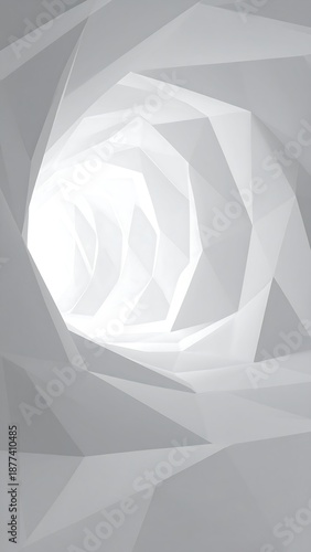 A grayscale geometric artwork featuring a tunnel-like structure composed of polygonal shapes
