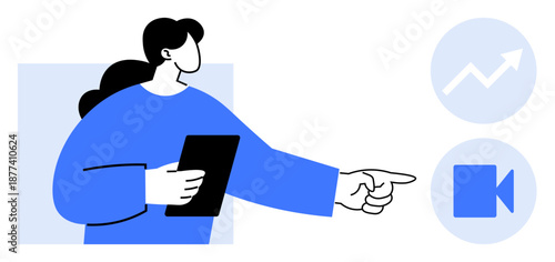 Business strategy, digital marketing, content creation, video production, analytics, technology. Woman holding a tablet and pointing. Business strategy and digital marketing concept