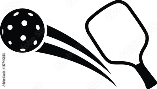 Dynamic black and white vector icon showing a pickleball paddle powerfully striking the perforated plastic ball during a fast-paced court game.