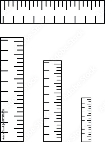 Simple black and white vector illustration showing various precision measuring rulers and scales used for technical drawing, engineering, and mathematical concepts.