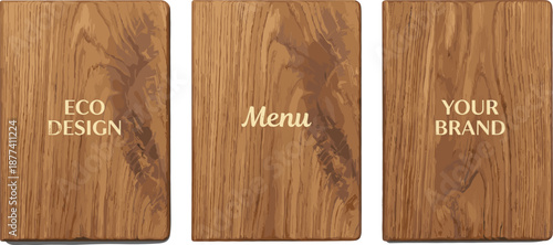Eco friendly restaurant menu design mockup, sustainable branding presentation, wooden texture background, organic cafe identity layout, minimalist food menu cover set, natural eco design concept