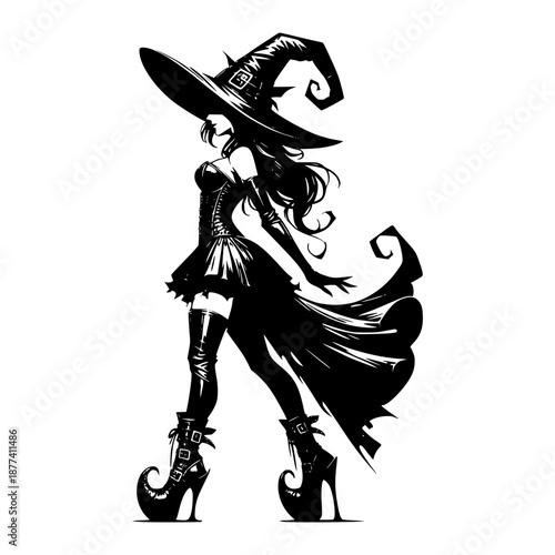 Enchanting Witch Silhouette: An elegant witch with flowing attire and a pointed hat strides confidently. An artistic representation of magic and mystery.