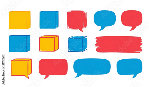 Hand-drawn painted strokes, boxes, and bubbles flat vector set isolated on transparent background