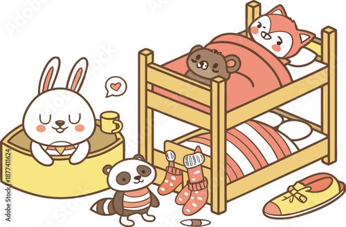 Funny vector illustration set of a little boy and his dog with a bunny, bear, and cat celebrating a holiday Christmas design for kids