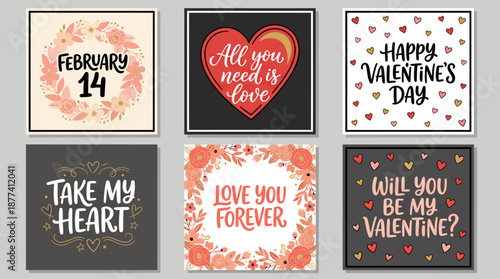 Six romantic Valentine's Day cards with hand-drawn hearts, love quotes, and Valentine messages for gifting