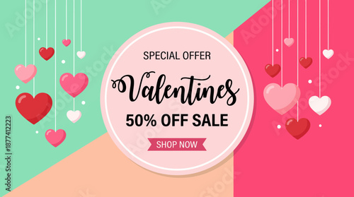 Valentine's Day Promotional Banner with Hearts, 50% Off Sale – Special Offer, Shop Now