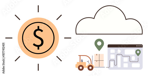 Supply chain management, logistics, cloud storage, cost efficiency, delivery tracking, financial optimization. Visual of a dollar symbol, cloud forklift warehouse and map. Supply chain management